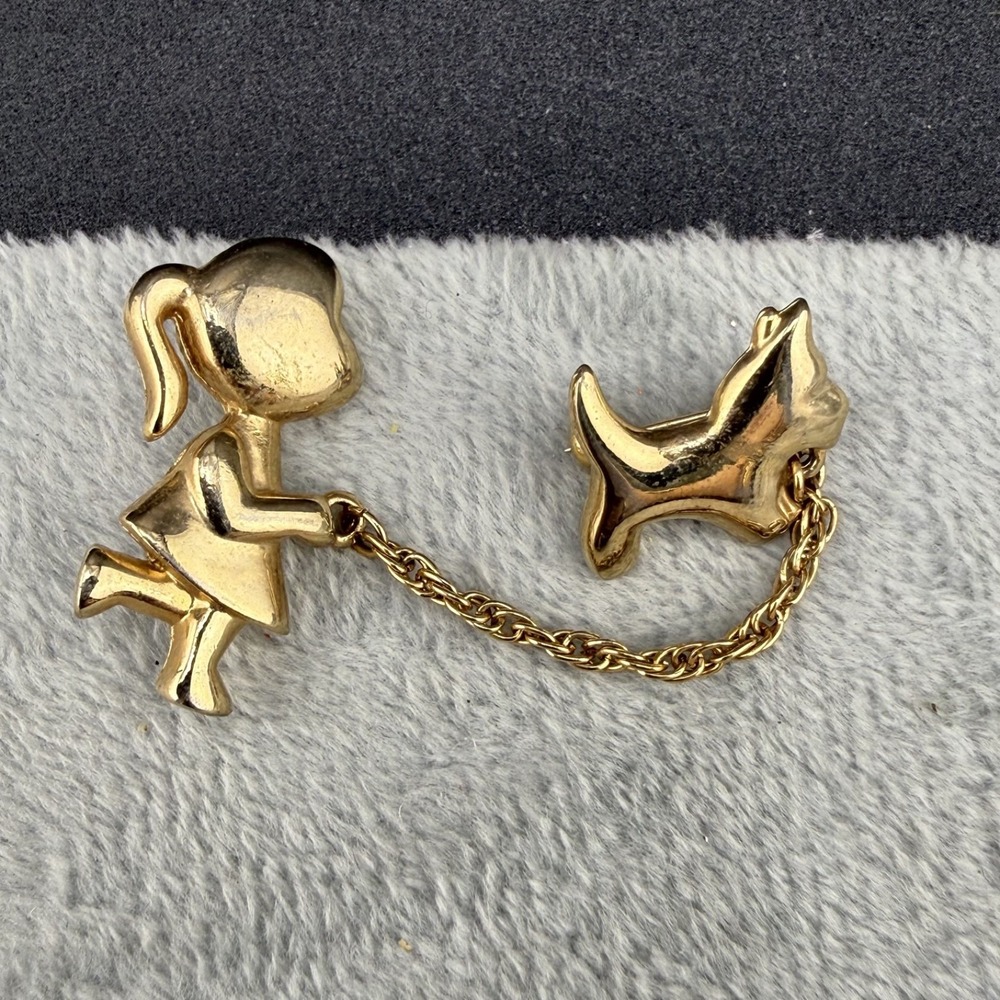 Vintage Estate Chatelaine Brooch Gold Tone Girl With Dog Linked Pin